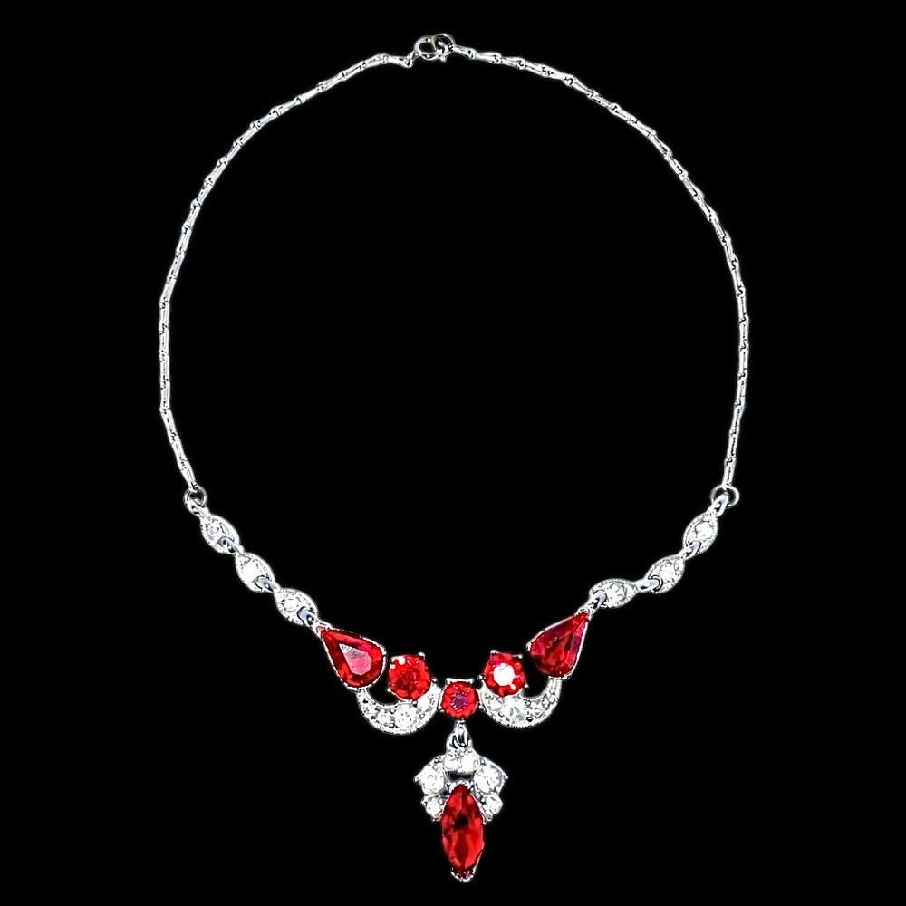Rare Vintage Bogoff Red Rhinestone Necklace | Mid-Century Glam
